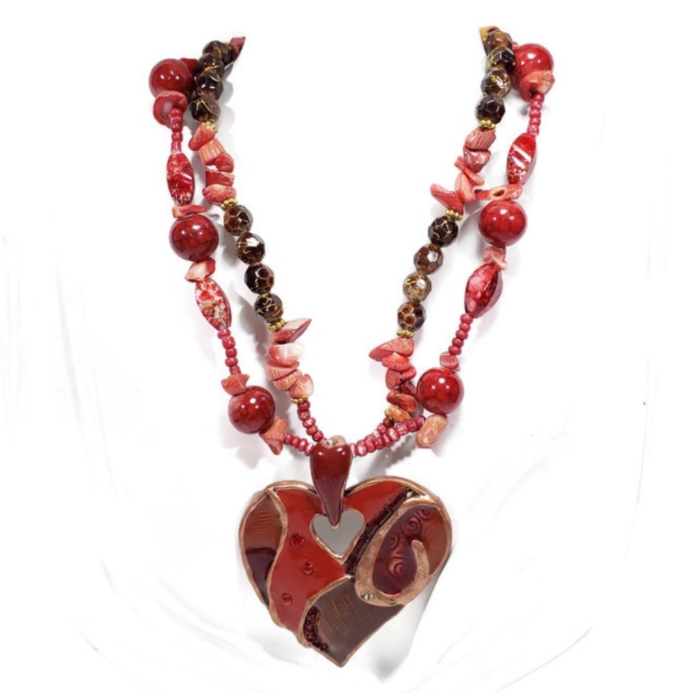 Red Beaded Heart Necklace Multi Strand 17" to 20"